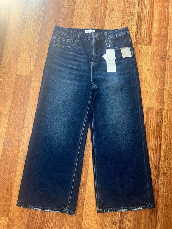 Risen Denim - Risen Womens Dark Wash Wide-Leg Tummy Control Jeans With Frayed Hem Size 2XL